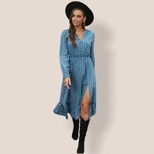 Boutique Medium Blue & White Boho Long Sleeve Polka Dot Midi Side Slit Dress